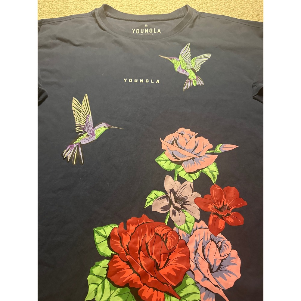 YoungLA Hummingbird Rose Graphic Tee Navy Blue XL Floral Streetwear Short Sleeve - Picture 5 of 7